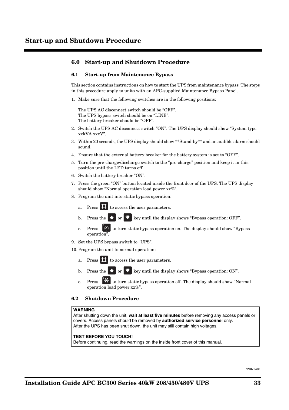 Start-up and shutdown procedure | APC BC300 Series User Manual | Page 33 / 38
