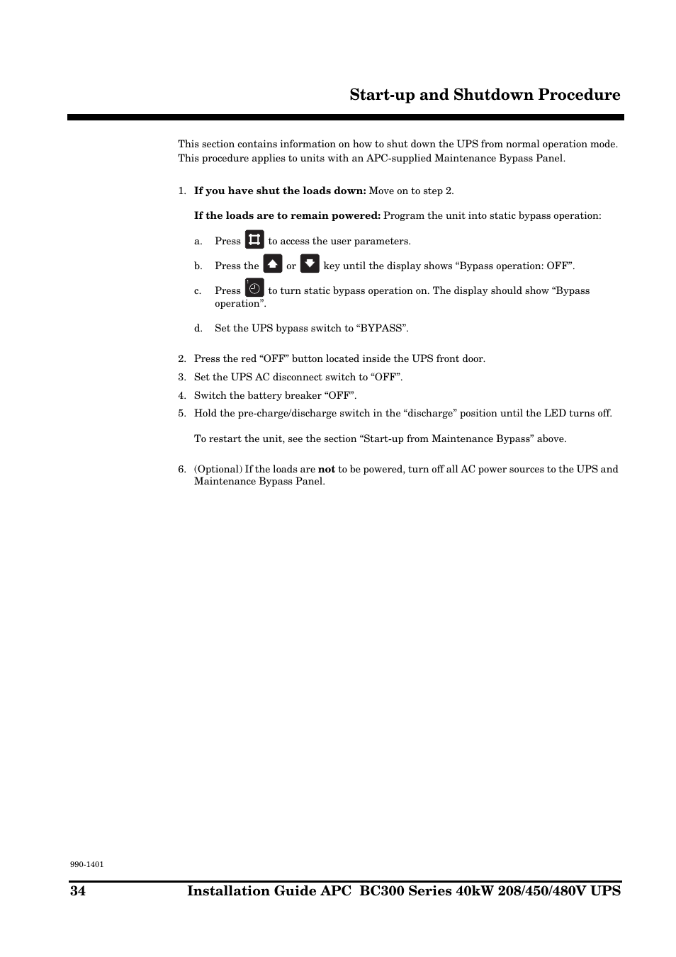 Start-up and shutdown procedure | APC BC300 Series User Manual | Page 34 / 38