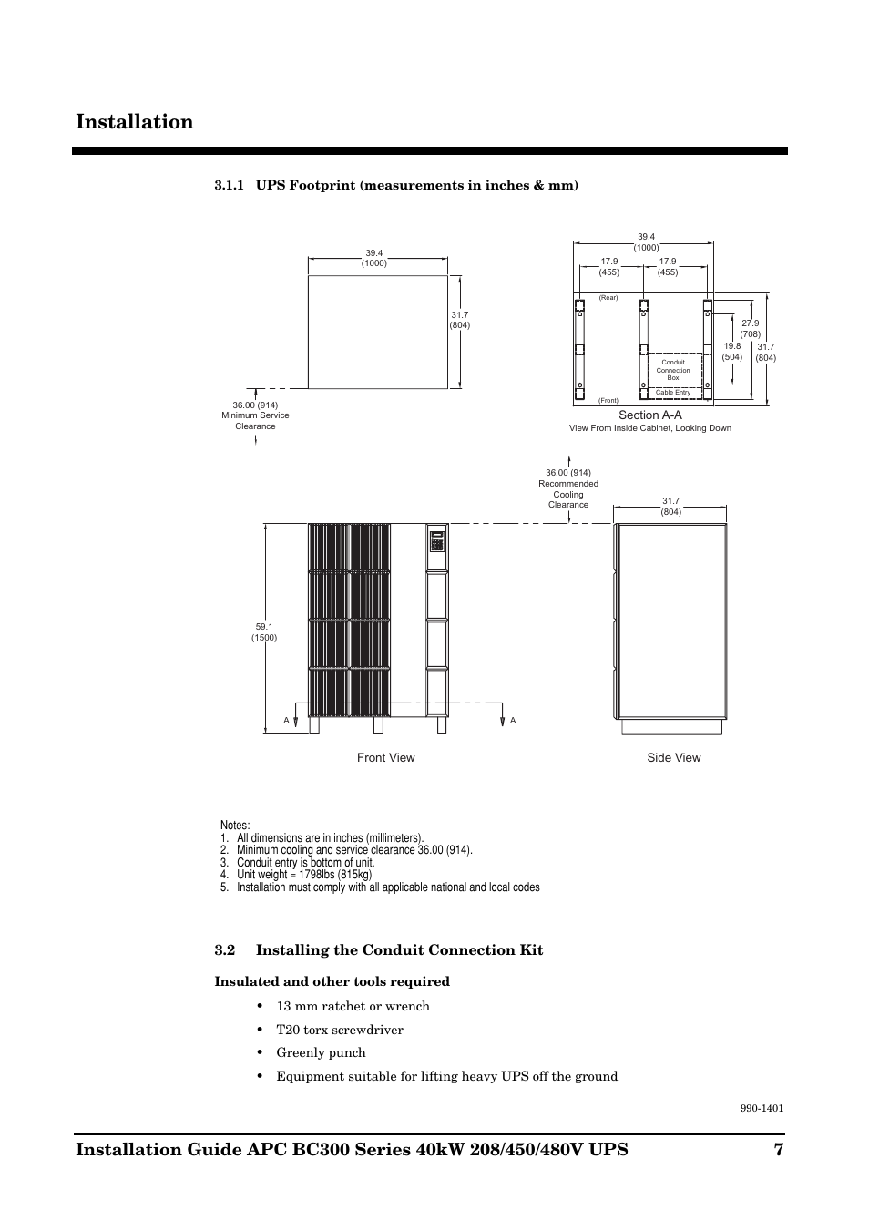 Installation, 2 installing the conduit connection kit | APC BC300 Series User Manual | Page 7 / 38