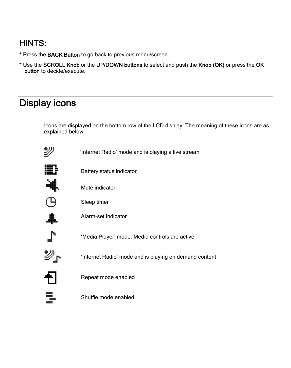 Display icons, Hints | ECOXGEAR IRD4000: Allegro User Manual | Page 10 / 48