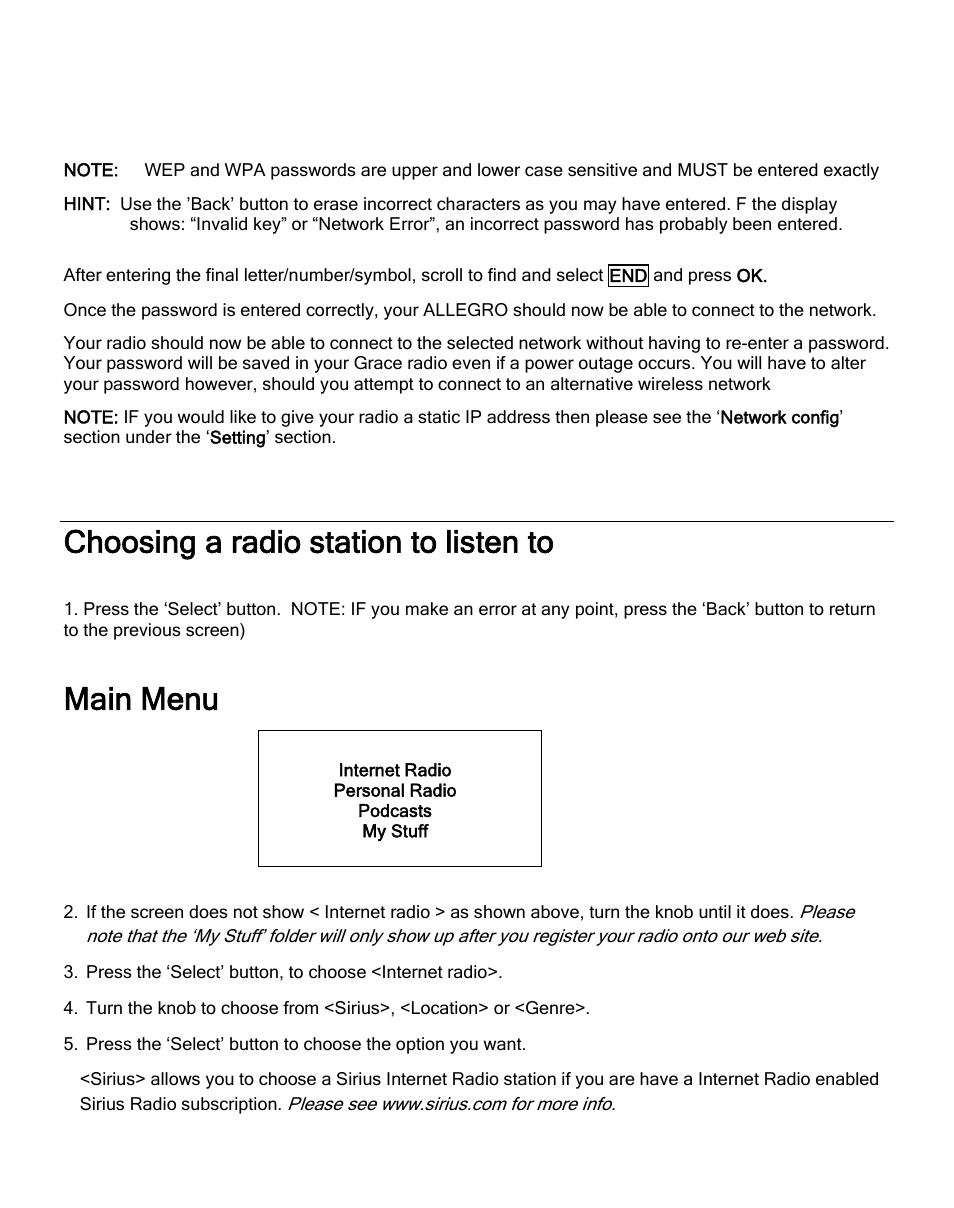 Choosing a radio station to listen to, Main menu | ECOXGEAR IRD4000: Allegro User Manual | Page 14 / 48