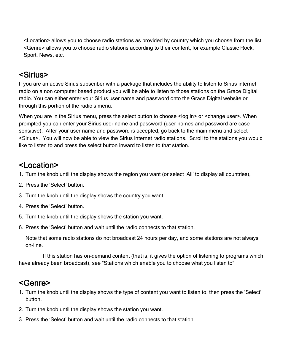 Sirius, Location, Genre | ECOXGEAR IRD4000: Allegro User Manual | Page 15 / 48