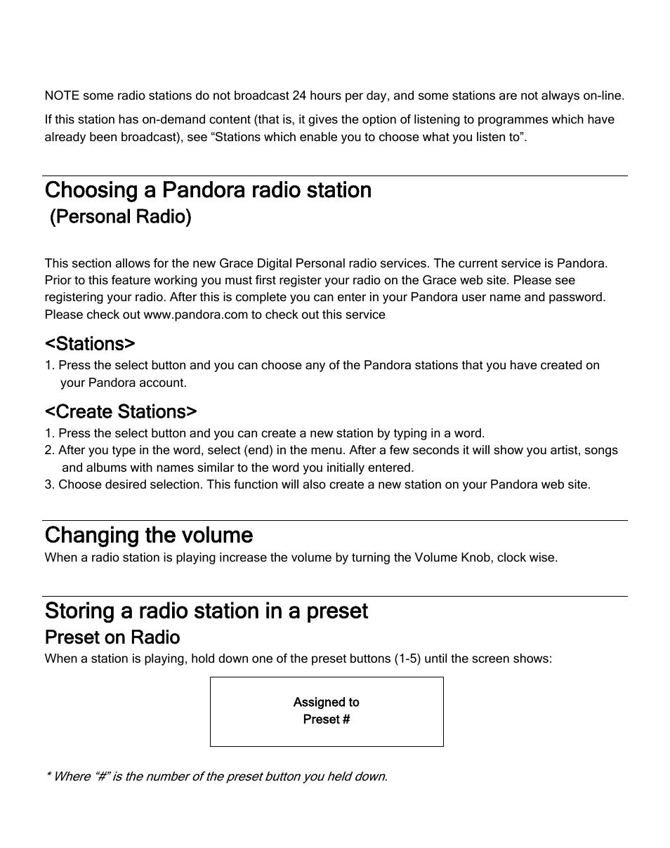 Choosing a pandora radio station, Changing the volume, Storing a radio station in a preset | Personal radio), Stations, Create stations, Preset on radio | ECOXGEAR IRD4000: Allegro User Manual | Page 16 / 48