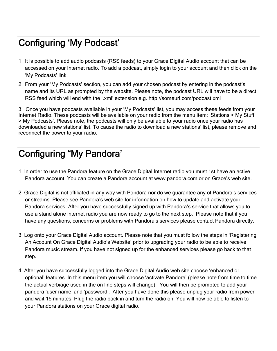Configuring ‘my podcast, Configuring “my pandora | ECOXGEAR IRD4000: Allegro User Manual | Page 24 / 48