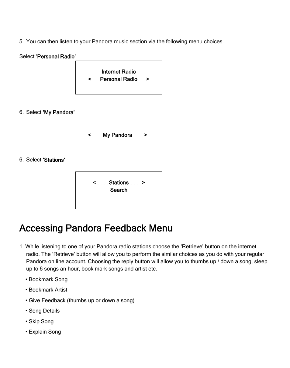 Accessing pandora feedback menu | ECOXGEAR IRD4000: Allegro User Manual | Page 25 / 48