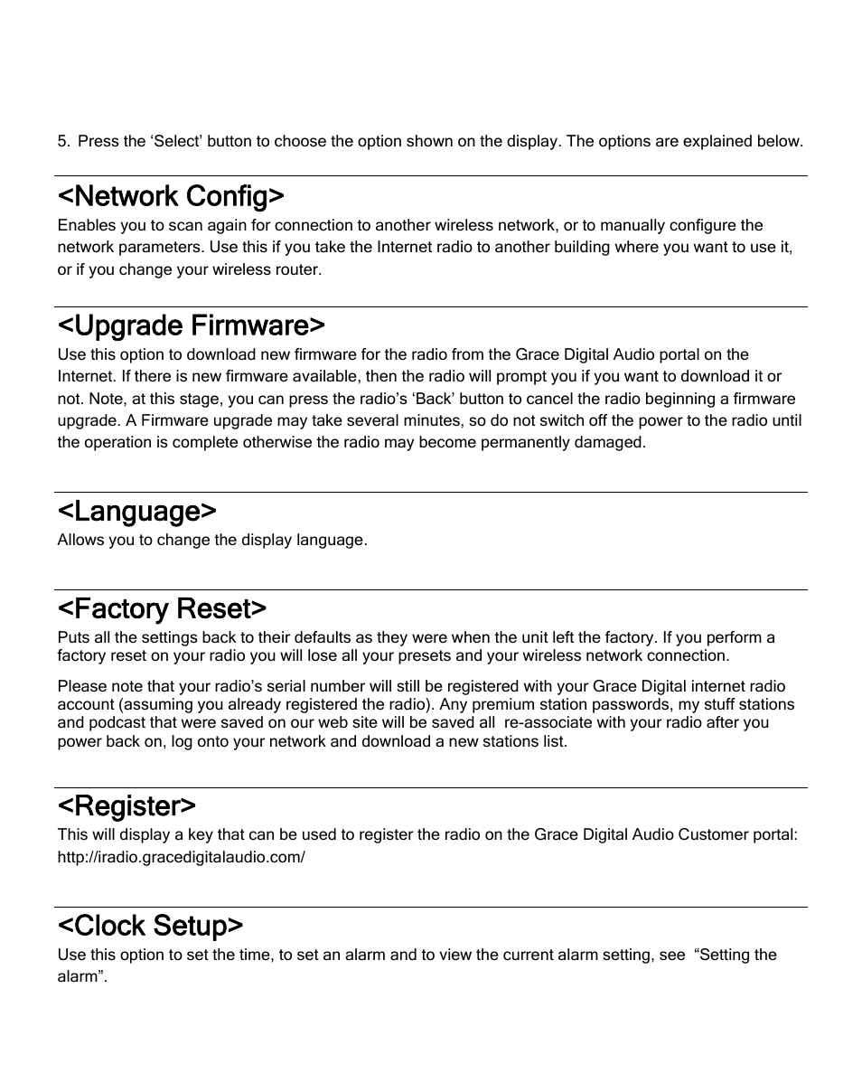 Network config, Upgrade firmware, Language | Factory reset, Register, Clock setup | ECOXGEAR IRD4000: Allegro User Manual | Page 38 / 48