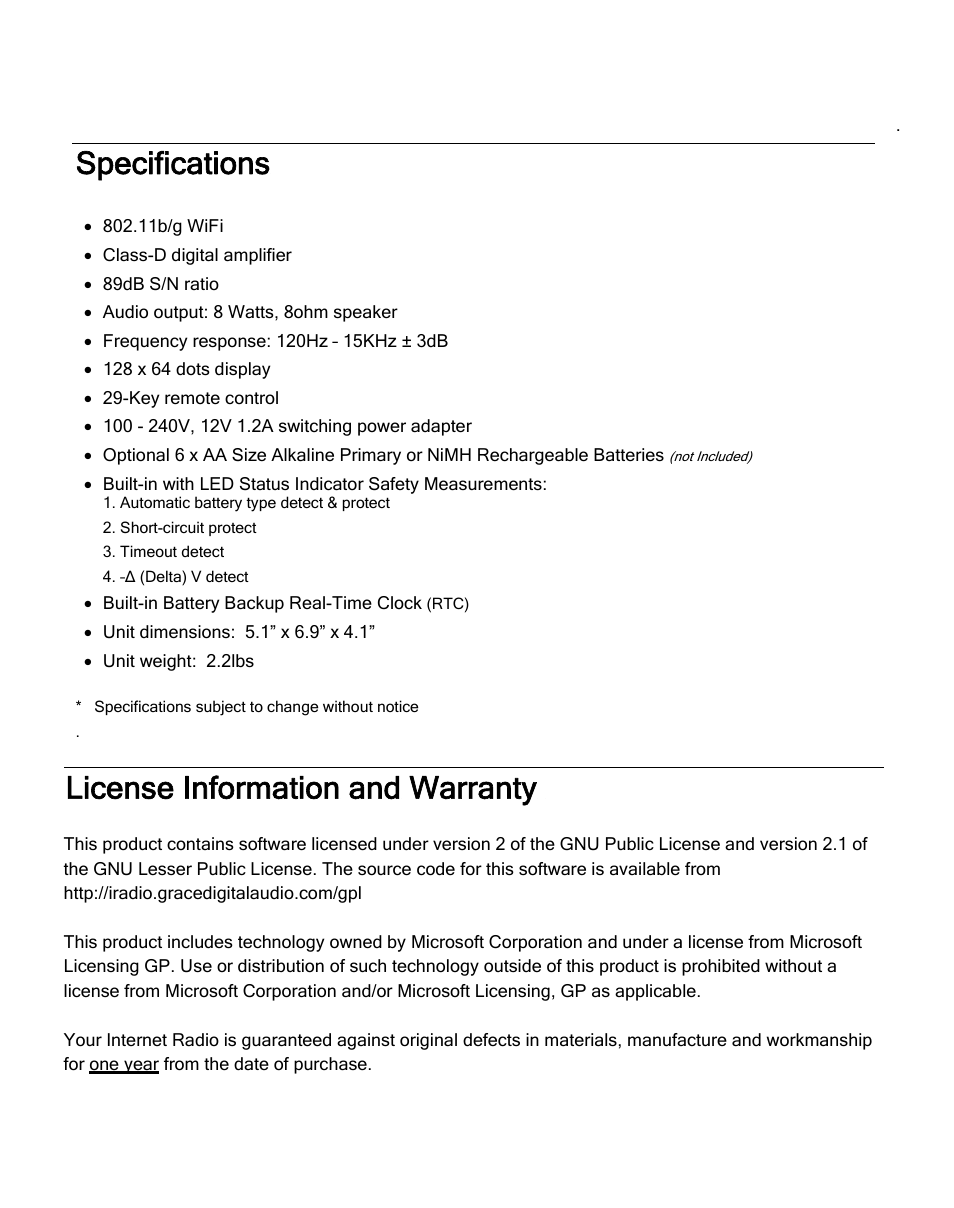 Specifications, License information and warranty | ECOXGEAR IRD4000: Allegro User Manual | Page 41 / 48