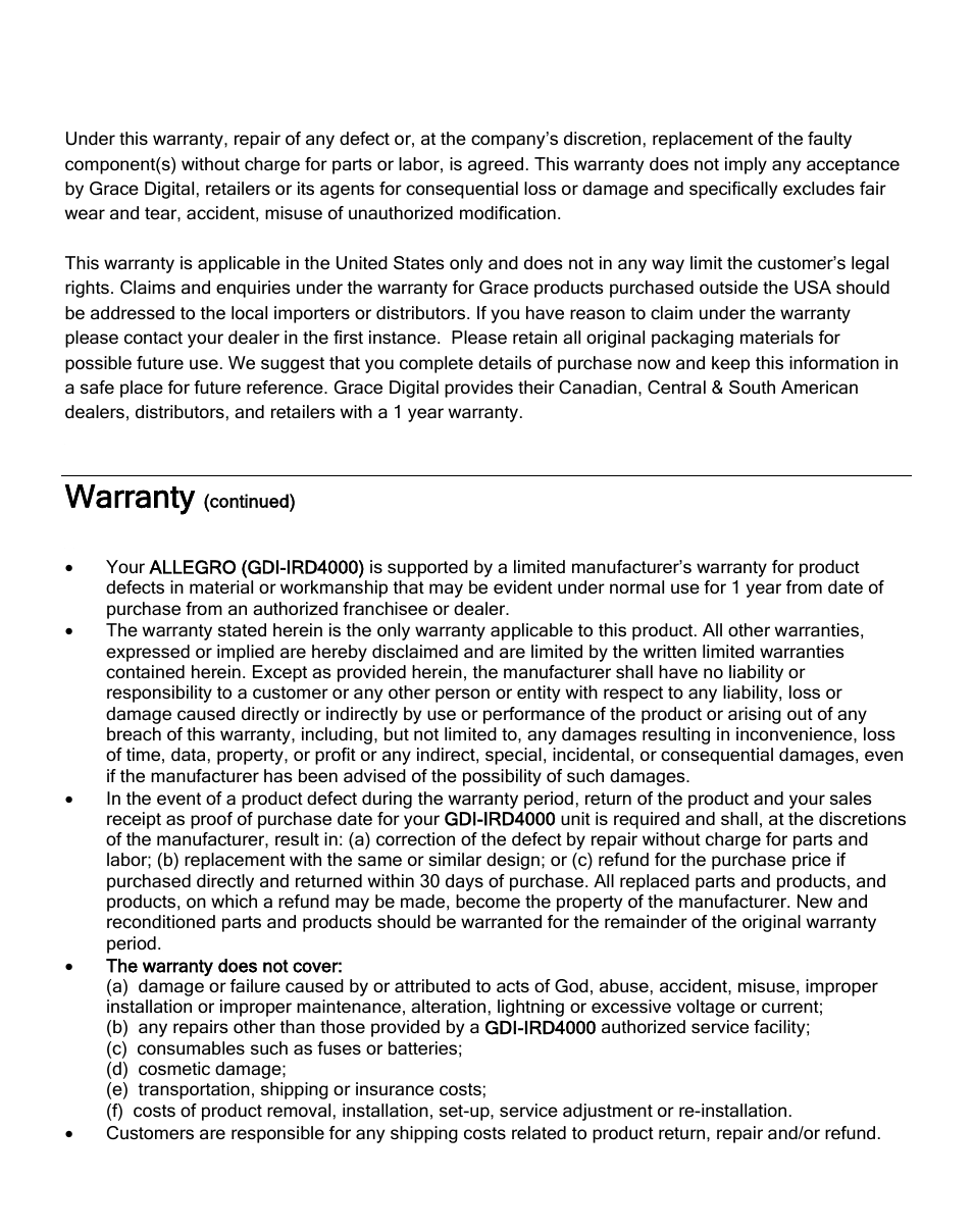 Warranty (continued), Warranty | ECOXGEAR IRD4000: Allegro User Manual | Page 42 / 48