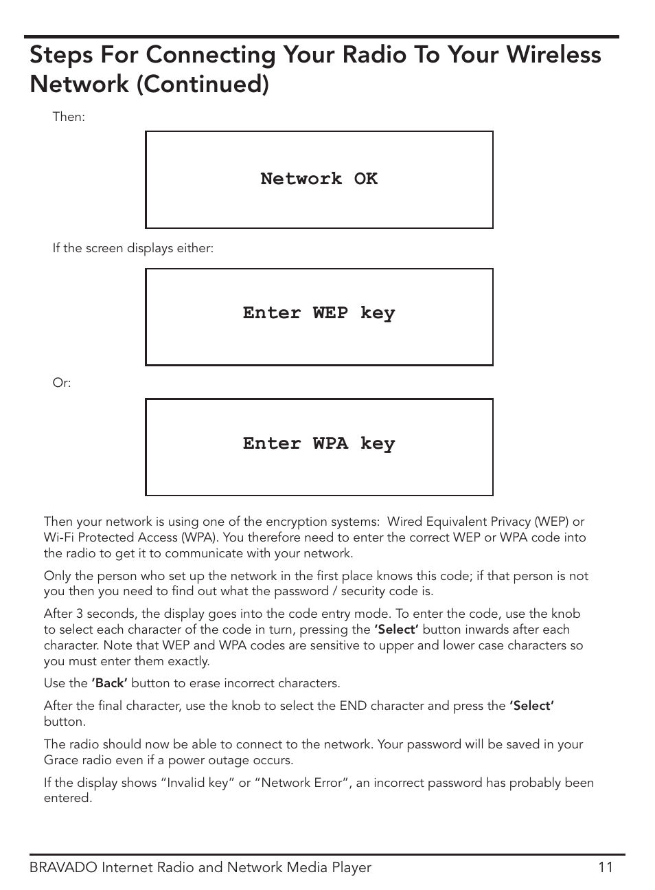 Enter wep key, Enter wpa key, Network ok | ECOXGEAR IRD4400M: Bravado User Manual | Page 11 / 44
