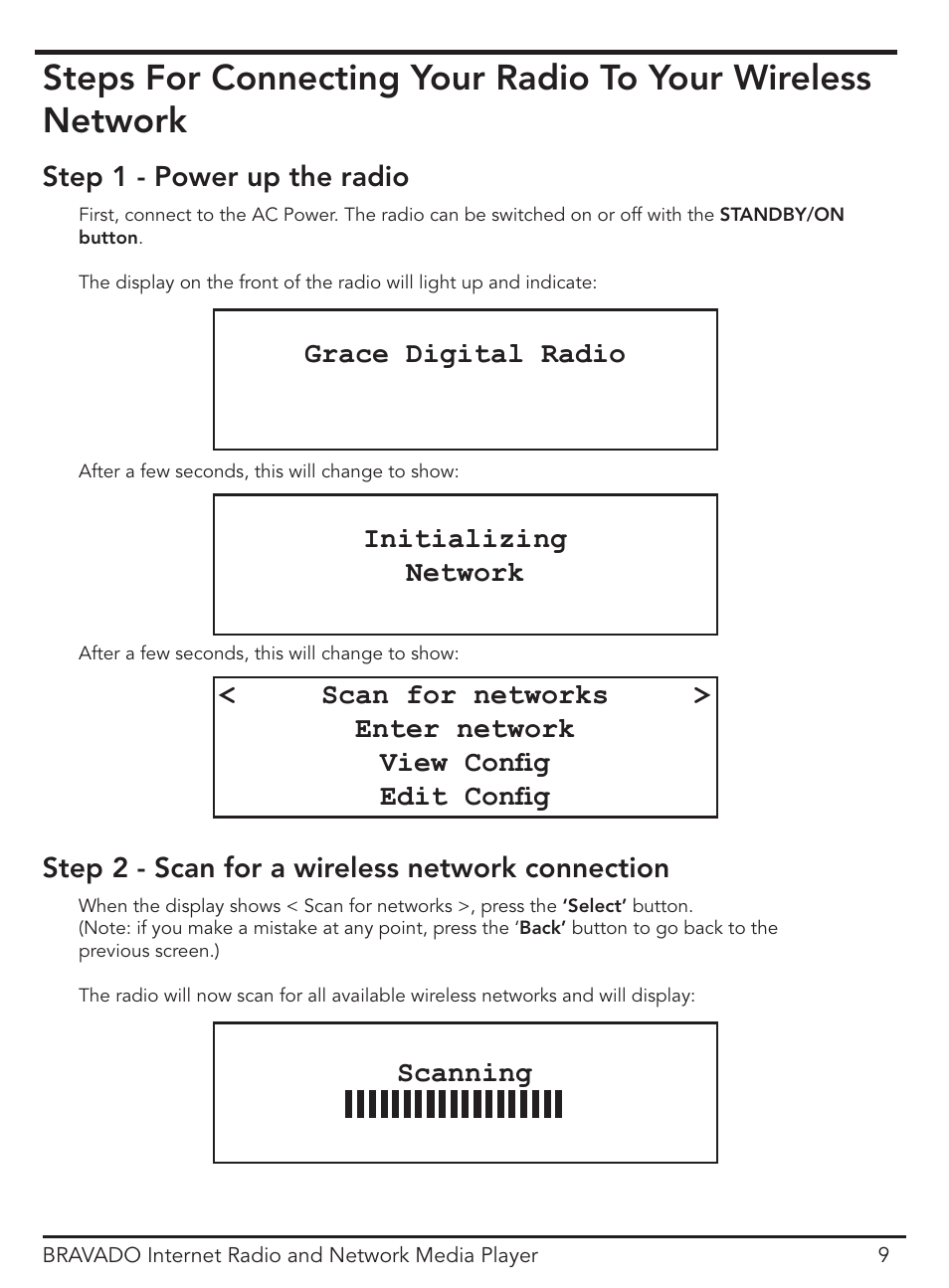 Step 1 - power up the radio grace digital radio, Initializing network | ECOXGEAR IRD4400M: Bravado User Manual | Page 9 / 44