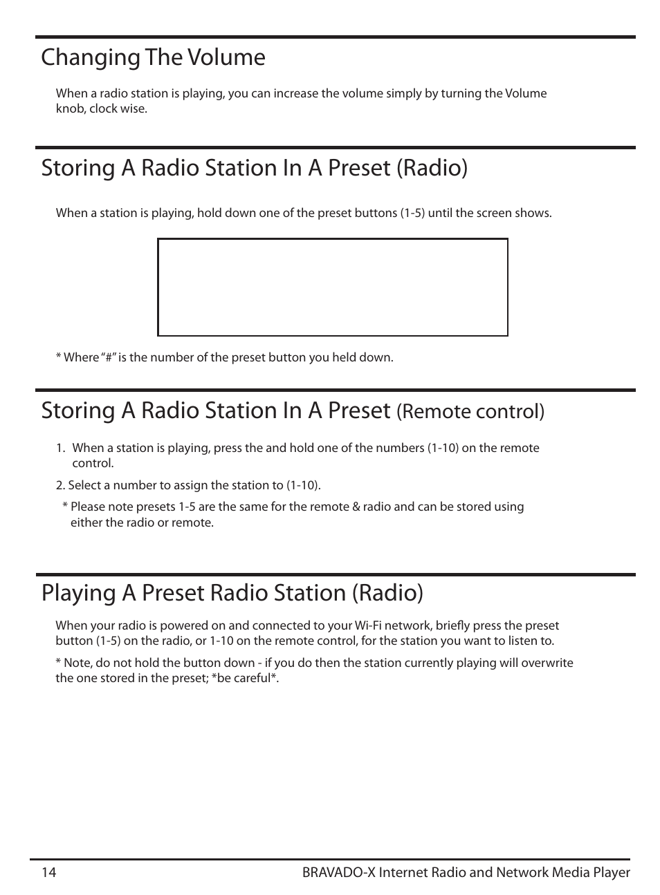 Changing the volume, Playing a preset radio station (radio), Remote control) | Assigned to preset | ECOXGEAR IRD4500M: Bravado X User Manual | Page 14 / 46