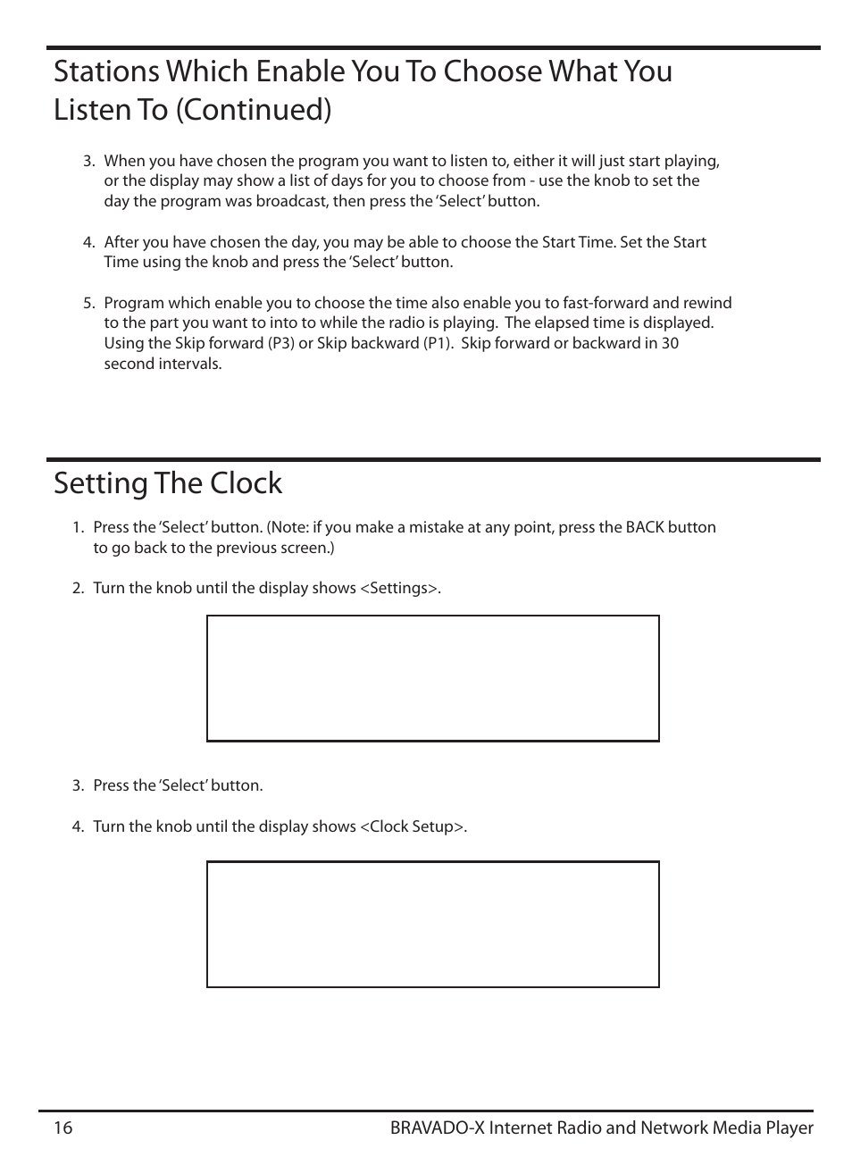 Setting the clock, Media player alarm clock < settings, Register < clock setup > sleep timer | ECOXGEAR IRD4500M: Bravado X User Manual | Page 16 / 46