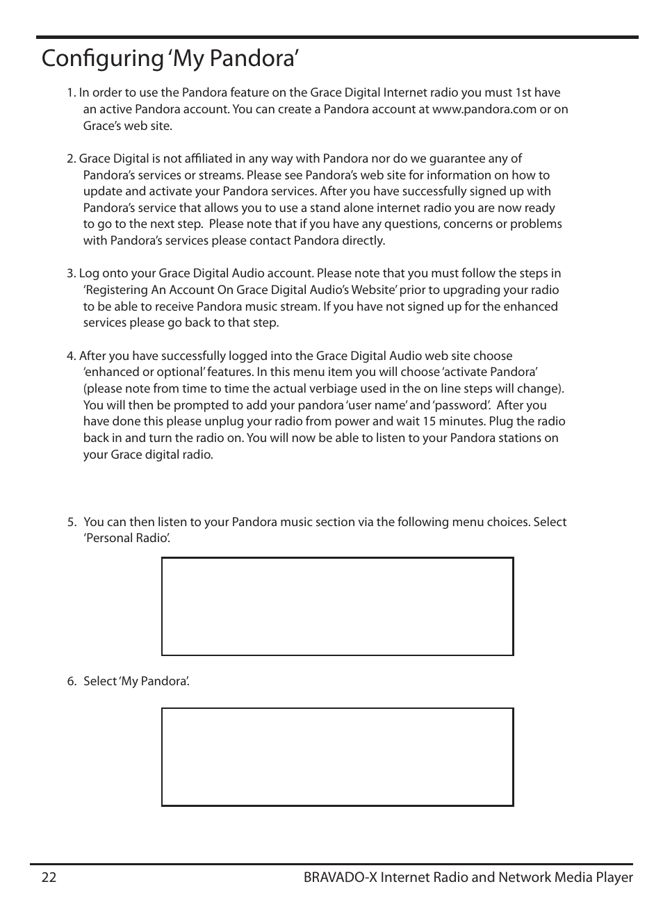 Configuring ‘my pandora, Internet radio < personal radio > < my pandora | ECOXGEAR IRD4500M: Bravado X User Manual | Page 22 / 46