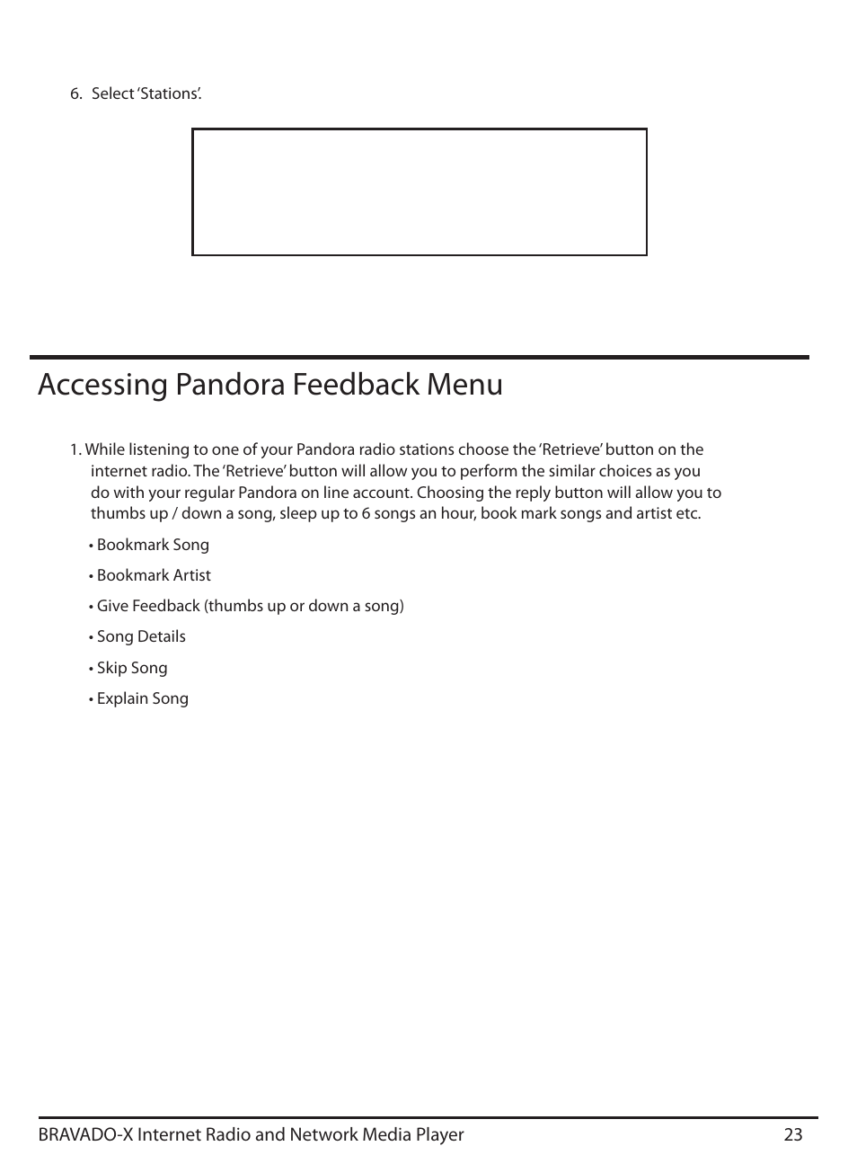 Accessing pandora feedback menu, Stations > search | ECOXGEAR IRD4500M: Bravado X User Manual | Page 23 / 46