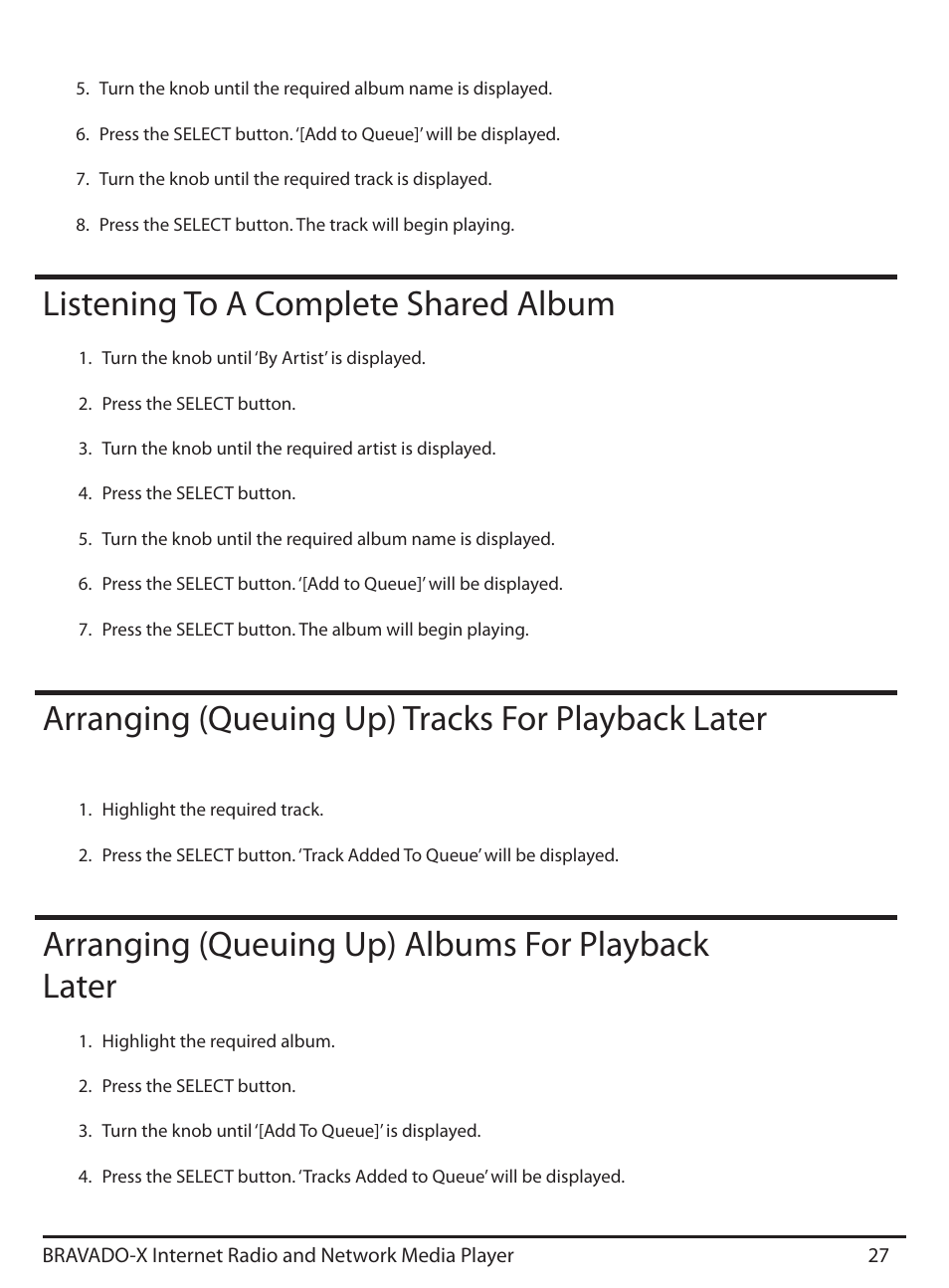 Listening to a complete shared album, Arranging (queuing up) tracks for playback later, Arranging (queuing up) albums for playback later | ECOXGEAR IRD4500M: Bravado X User Manual | Page 27 / 46