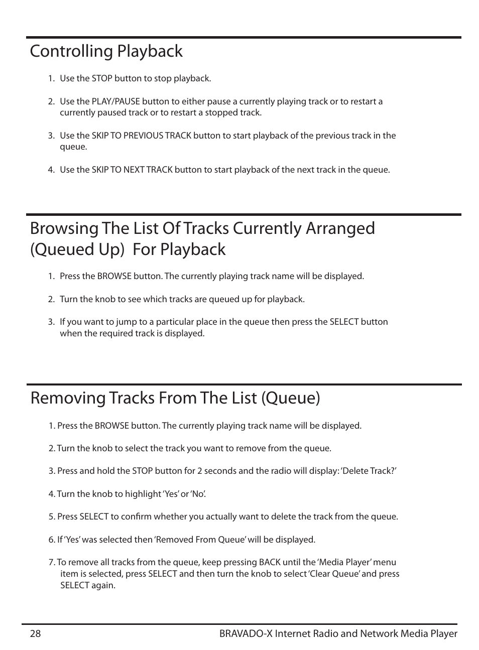 Removing tracks from the list (queue), Controlling playback | ECOXGEAR IRD4500M: Bravado X User Manual | Page 28 / 46