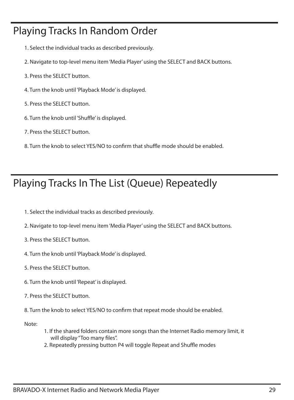 Playing tracks in random order, Playing tracks in the list (queue) repeatedly | ECOXGEAR IRD4500M: Bravado X User Manual | Page 29 / 46