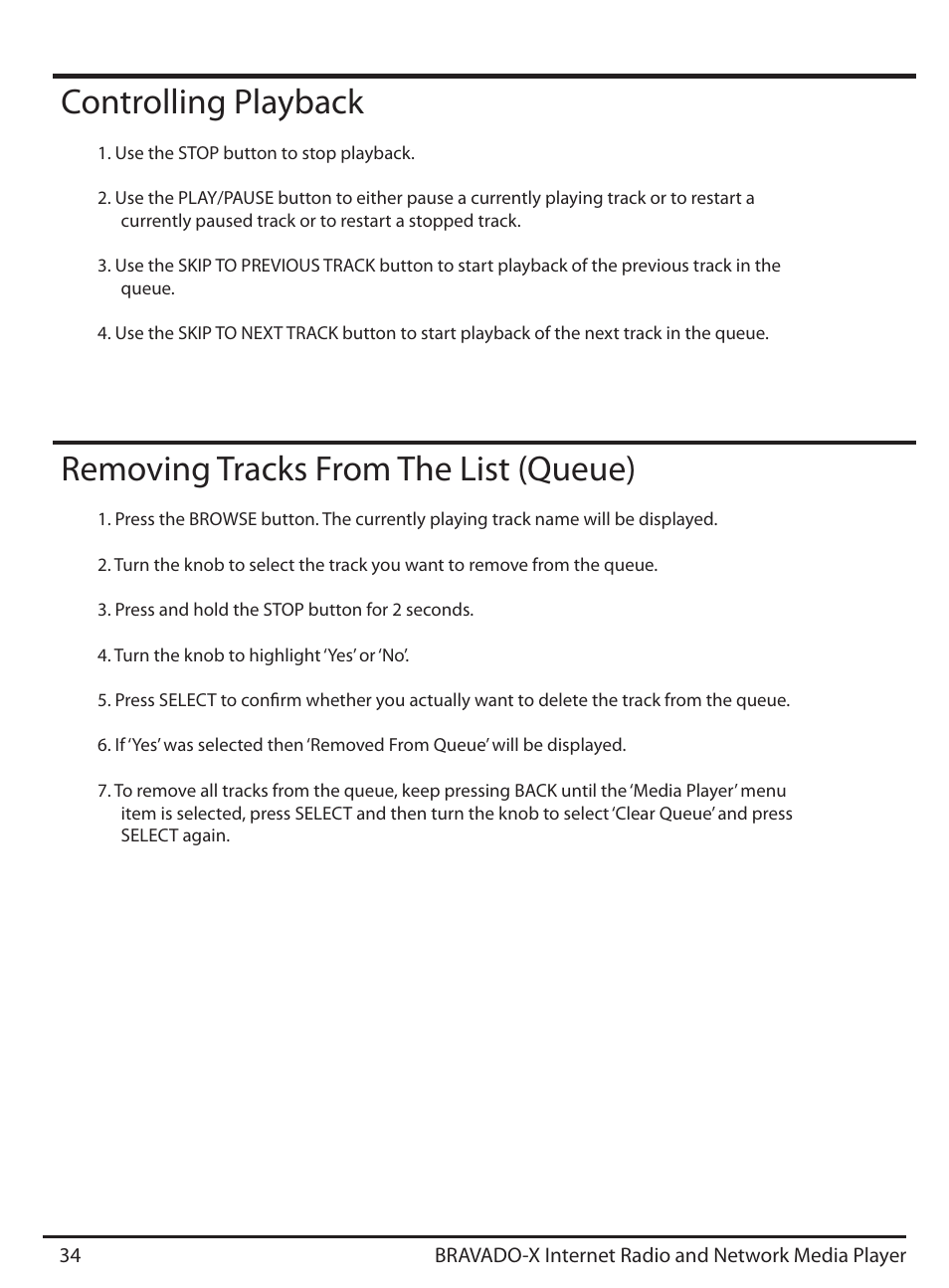 Controlling playback, Removing tracks from the list (queue) | ECOXGEAR IRD4500M: Bravado X User Manual | Page 34 / 46