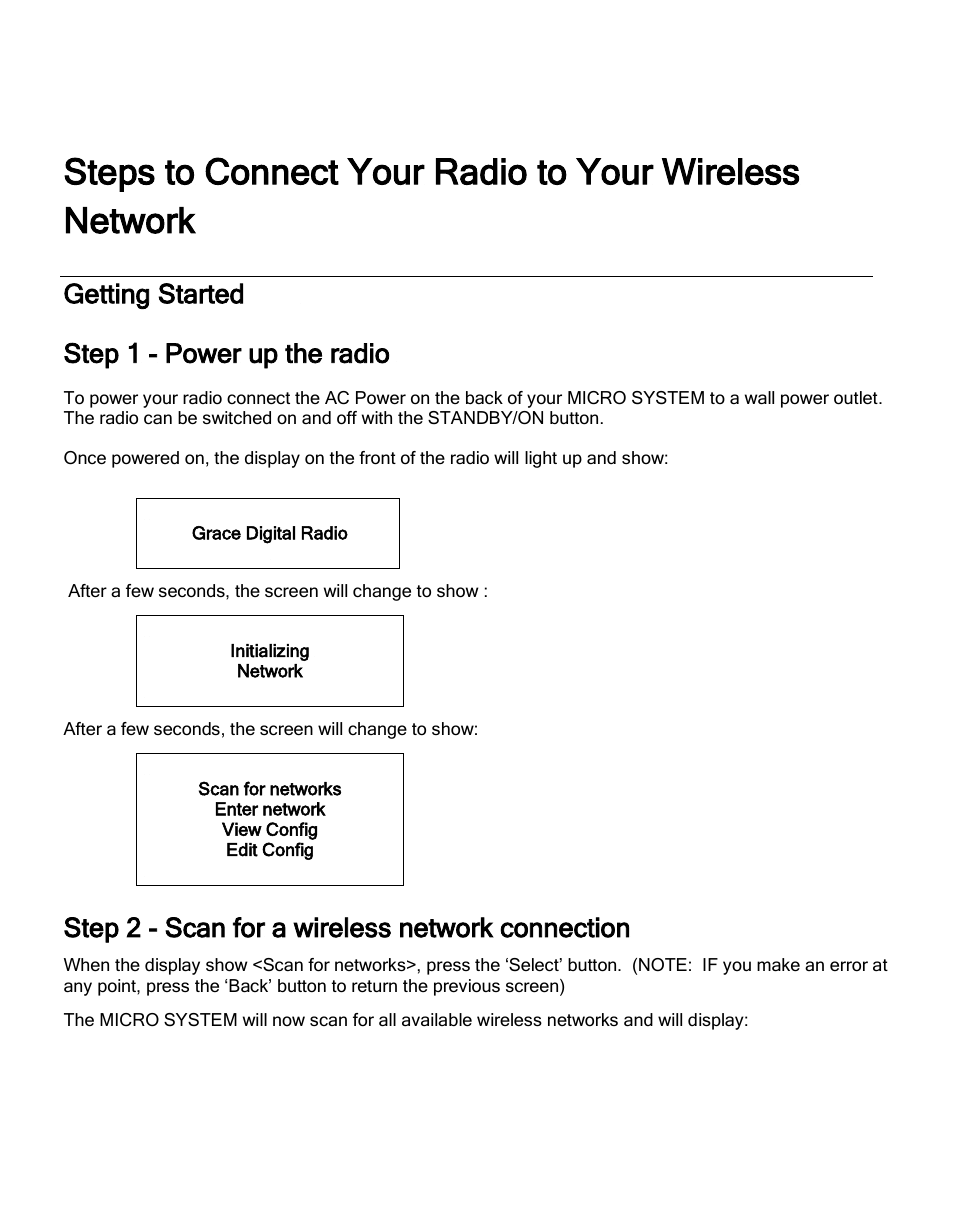 Getting started, Step 1 - power up the radio, Step 2 - scan for a wireless network connection | ECOXGEAR IRMS300: MicroSystem User Manual | Page 13 / 35