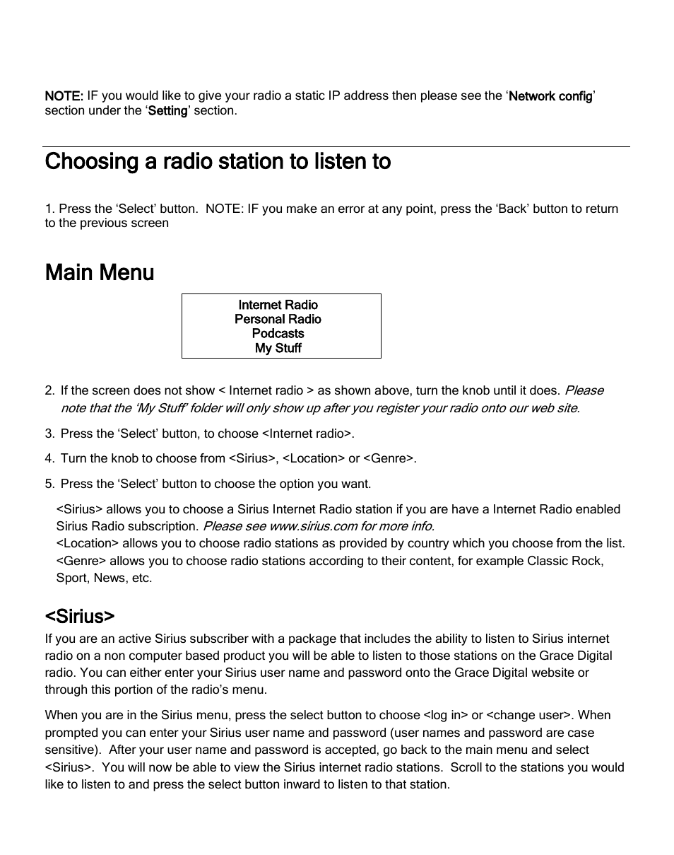 Choosing a radio station to listen to, Main menu, Sirius | ECOXGEAR IRMS300: MicroSystem User Manual | Page 16 / 35