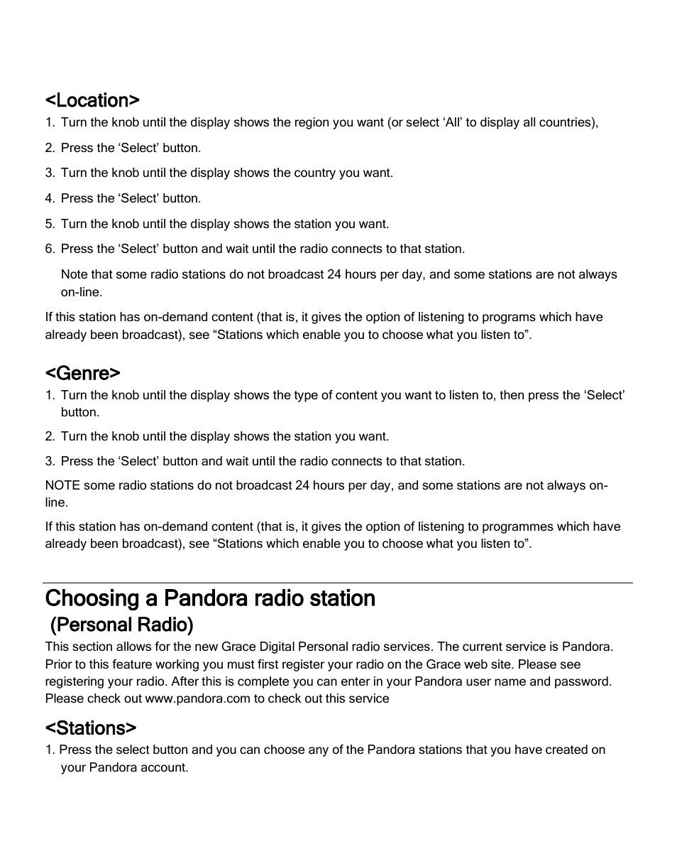 Choosing a pandora radio station, Location, Genre | Personal radio), Stations | ECOXGEAR IRMS300: MicroSystem User Manual | Page 17 / 35