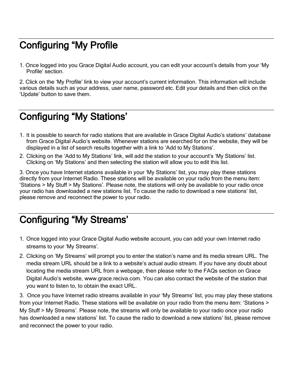 Configuring “my profile, Configuring “my stations, Configuring “my streams | ECOXGEAR IRMS300: MicroSystem User Manual | Page 25 / 35