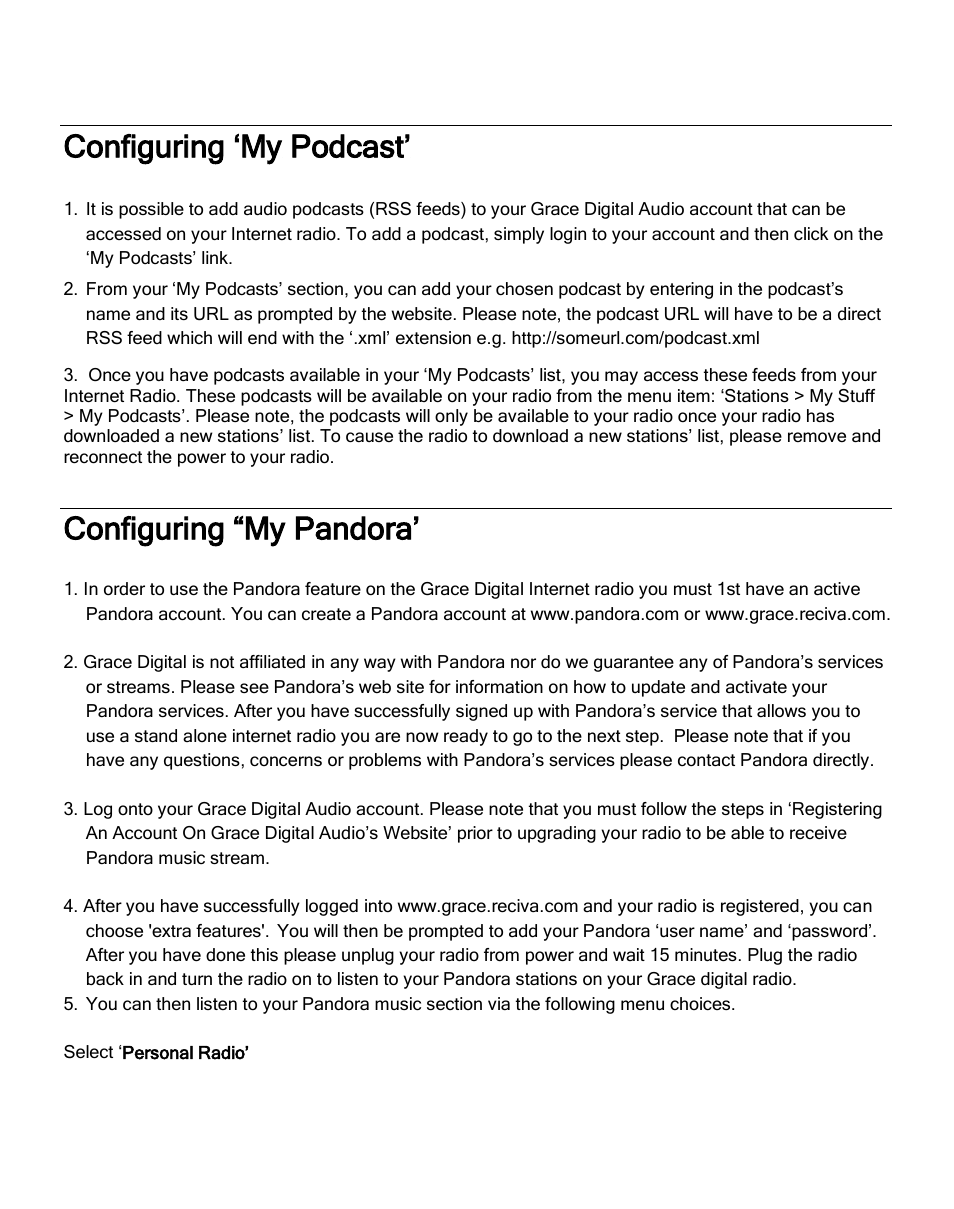 Configuring „my podcast, Configuring “my pandora | ECOXGEAR IRMS300: MicroSystem User Manual | Page 26 / 35