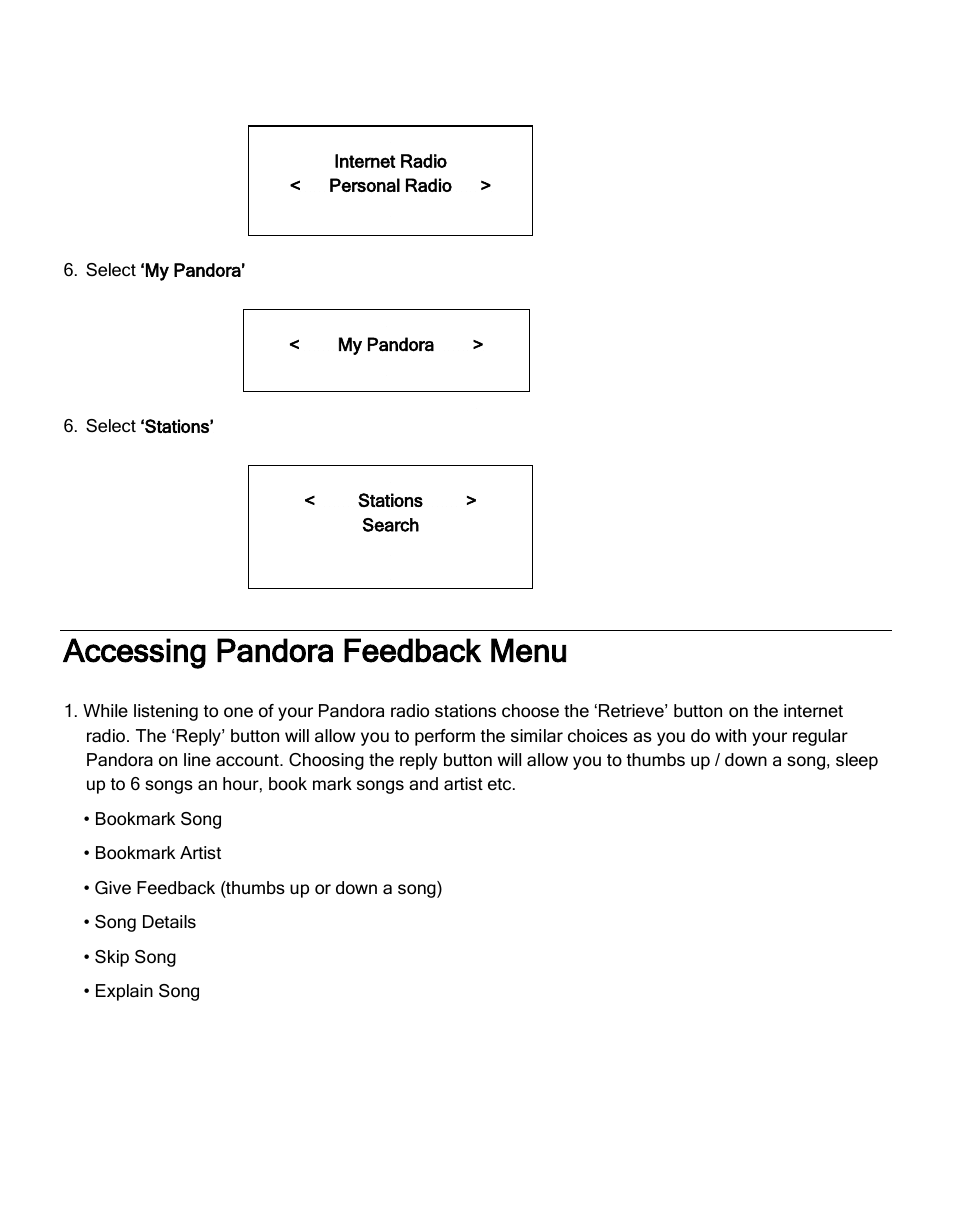 Accessing pandora feedback menu | ECOXGEAR IRMS300: MicroSystem User Manual | Page 27 / 35