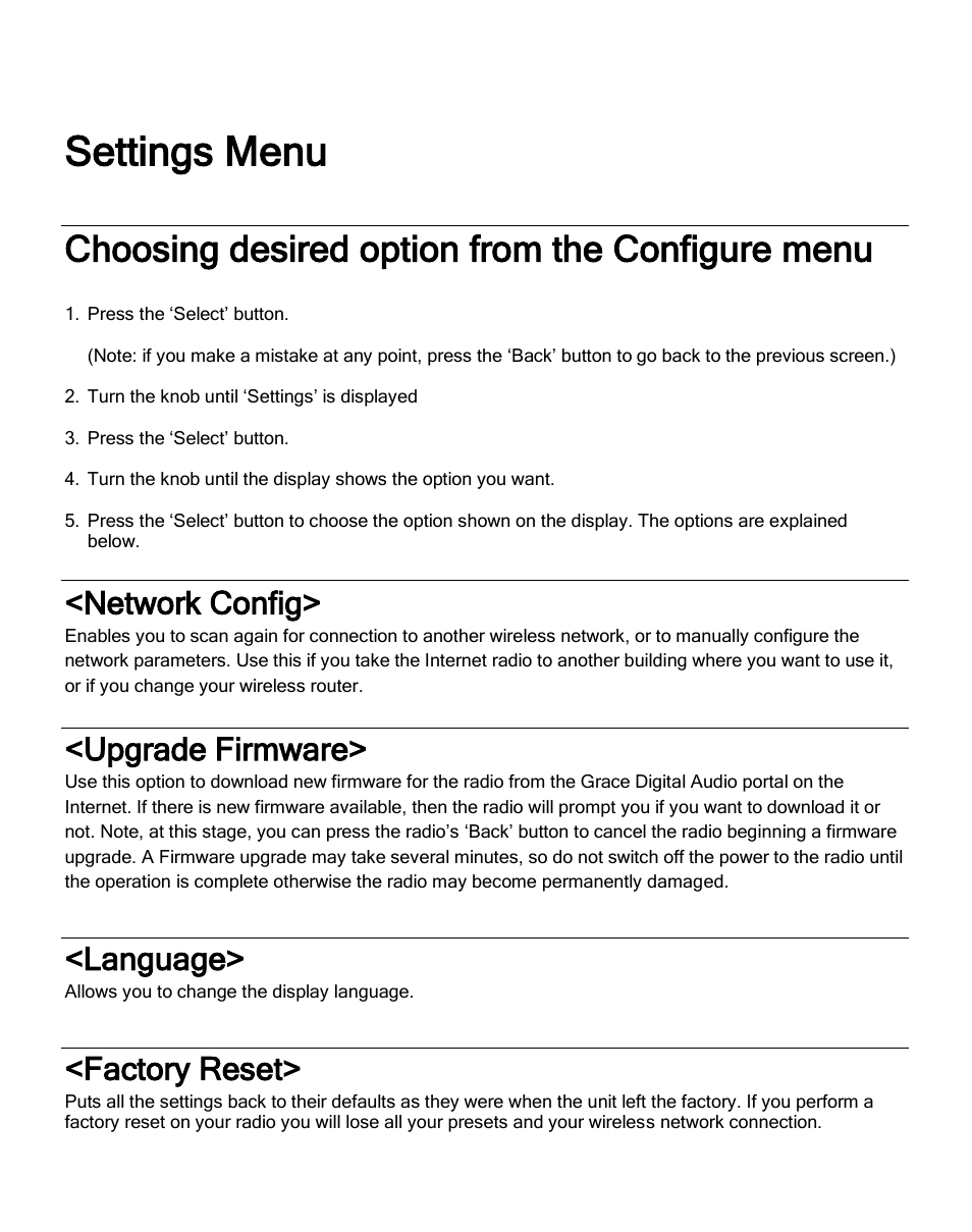 Settings menu, Choosing desired option from the configure menu, Network config | Upgrade firmware, Language, Factory reset | ECOXGEAR IRMS300: MicroSystem User Manual | Page 28 / 35