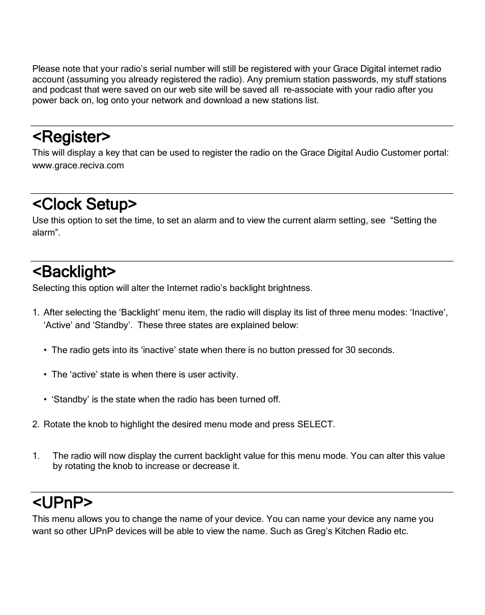 Register, Clock setup, Backlight | Upnp | ECOXGEAR IRMS300: MicroSystem User Manual | Page 29 / 35