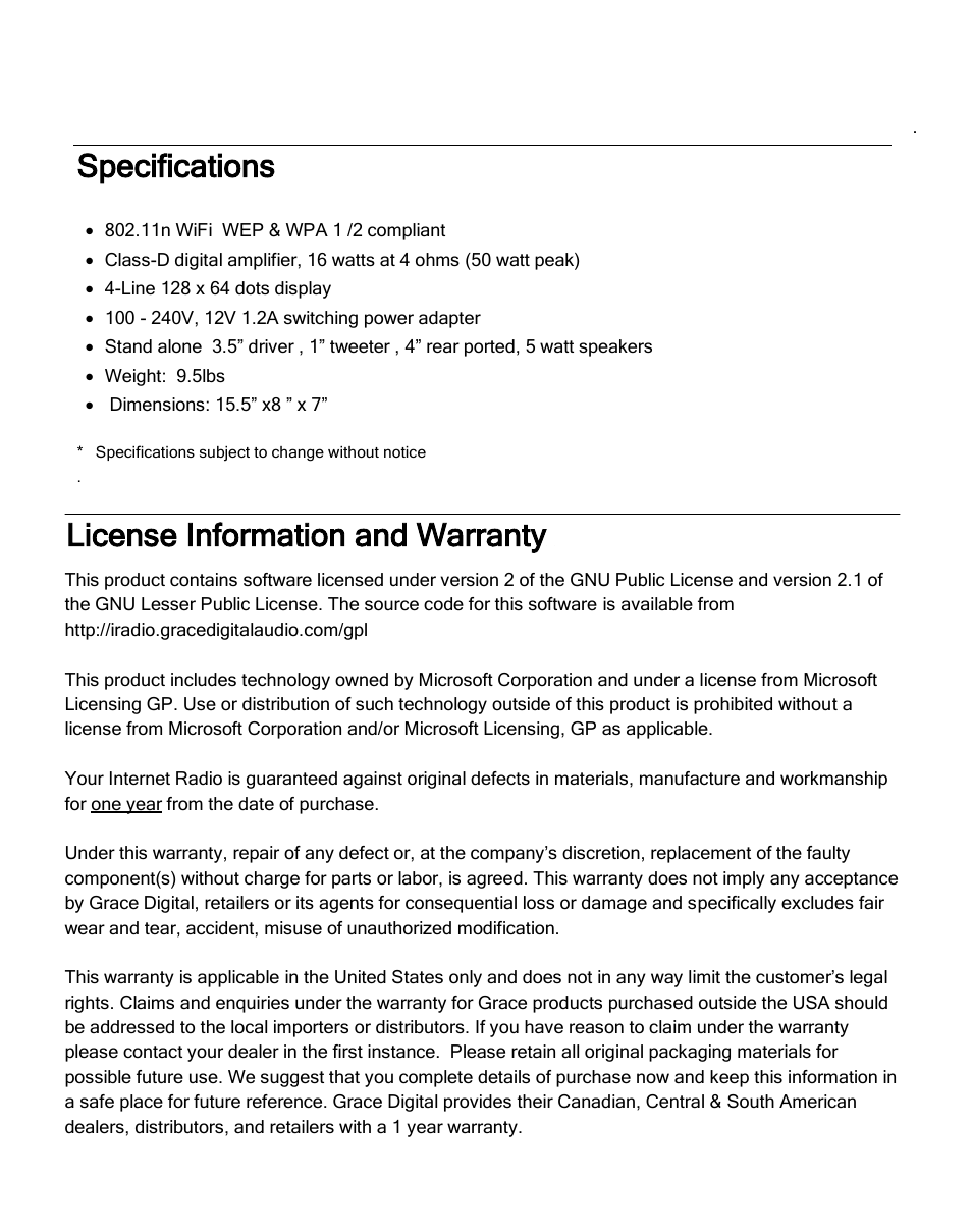 Specifications, License information and warranty | ECOXGEAR IRMS300: MicroSystem User Manual | Page 32 / 35