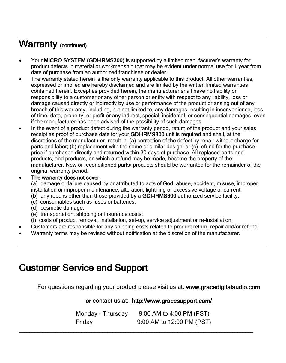 Warranty, Customer service and support | ECOXGEAR IRMS300: MicroSystem User Manual | Page 33 / 35