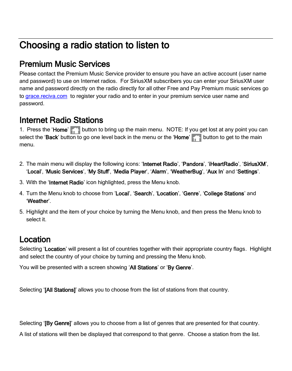 Choosing a radio station to listen to, Premium music services, Internet radio stations | Location, All stations, By genre | ECOXGEAR IRC6000: Mondo User Manual | Page 19 / 52