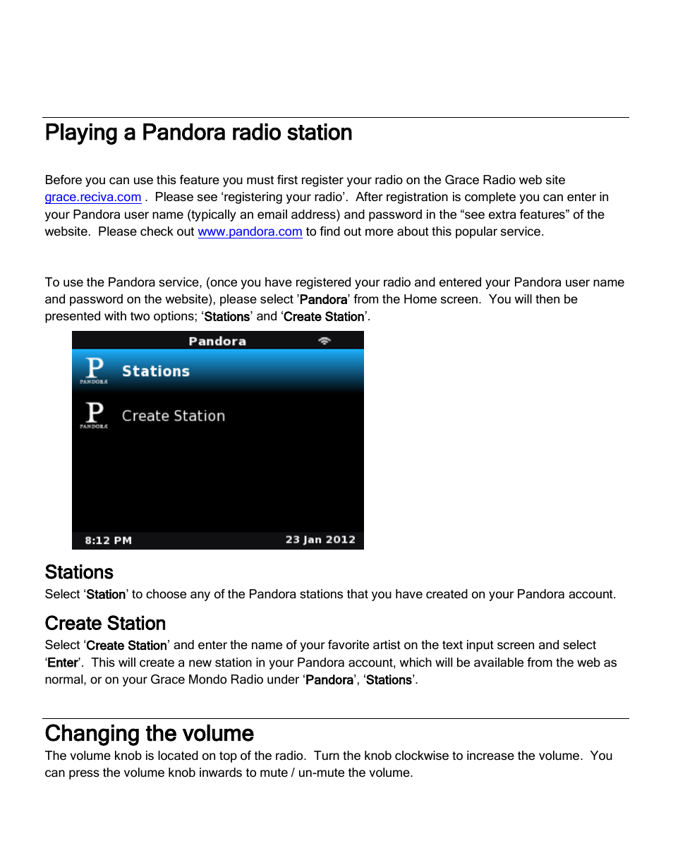 Playing a pandora radio station, Changing the volume, Stations | Create station | ECOXGEAR IRC6000: Mondo User Manual | Page 21 / 52