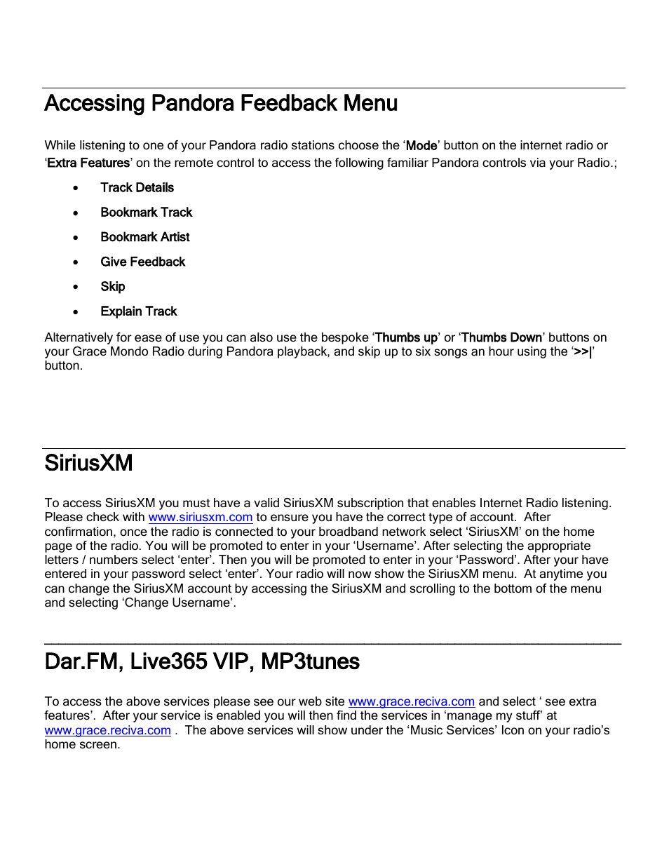 Accessing pandora feedback menu, Siriusxm, Dar.fm, live365 vip, mp3tunes | ECOXGEAR IRC6000: Mondo User Manual | Page 38 / 52