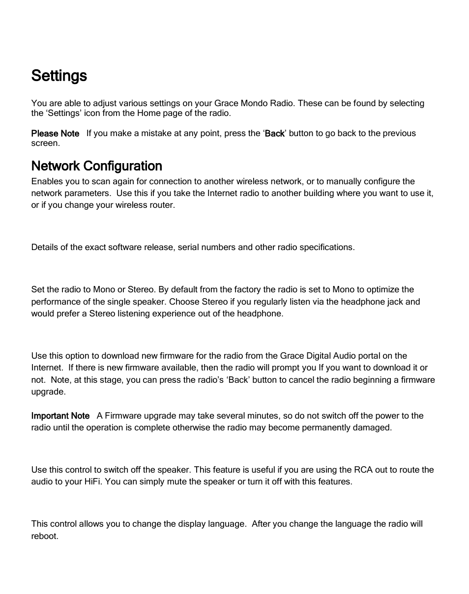 Settings, Network configuration, Properties | Stereo mode, Network firmware upgrade, Speaker, Language | ECOXGEAR IRC6000: Mondo User Manual | Page 39 / 52