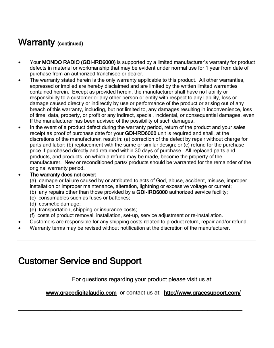 Warranty, Customer service and support | ECOXGEAR IRC6000: Mondo User Manual | Page 51 / 52