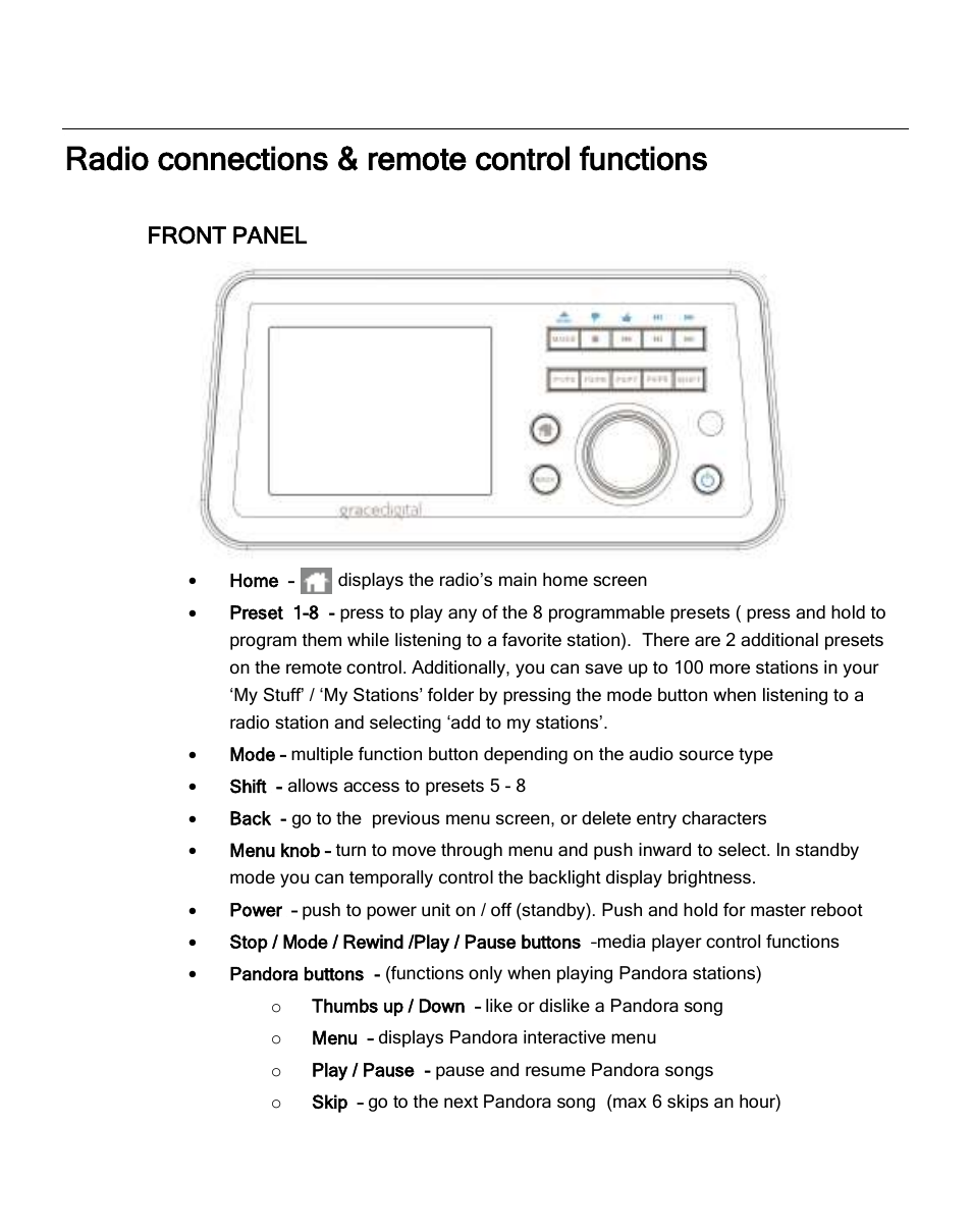 Radio connections & remote control functions, Front panel | ECOXGEAR IRCA700: Primo User Manual | Page 12 / 51