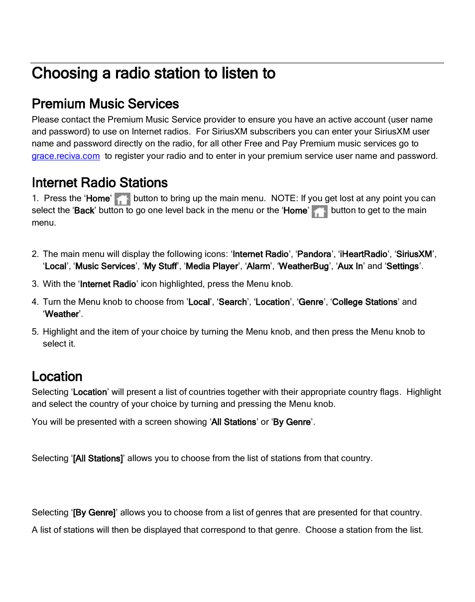 Choosing a radio station to listen to, Premium music services, Internet radio stations | Location, All stations, By genre | ECOXGEAR IRCA700: Primo User Manual | Page 19 / 51