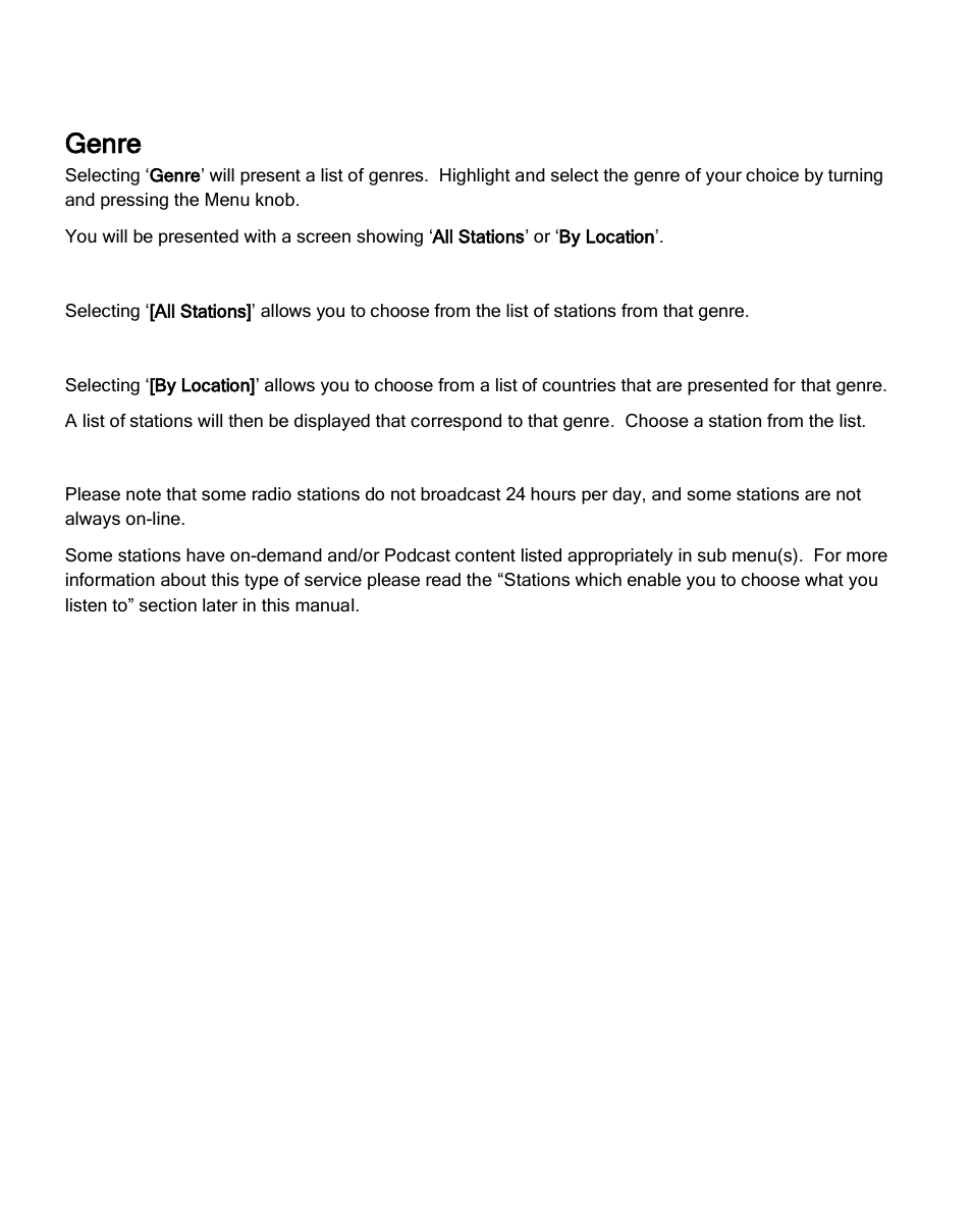 Genre, All stations, By location | ECOXGEAR IRCA700: Primo User Manual | Page 20 / 51