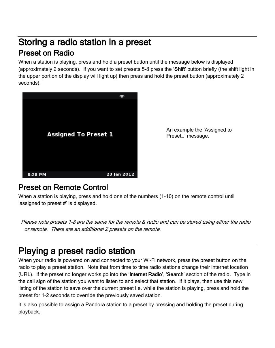 Storing a radio station in a preset, Playing a preset radio station, Preset on radio | Preset on remote control | ECOXGEAR IRCA700: Primo User Manual | Page 22 / 51