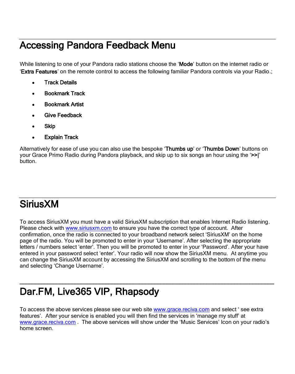 Accessing pandora feedback menu, Siriusxm, Dar.fm, live365 vip, rhapsody | ECOXGEAR IRCA700: Primo User Manual | Page 38 / 51