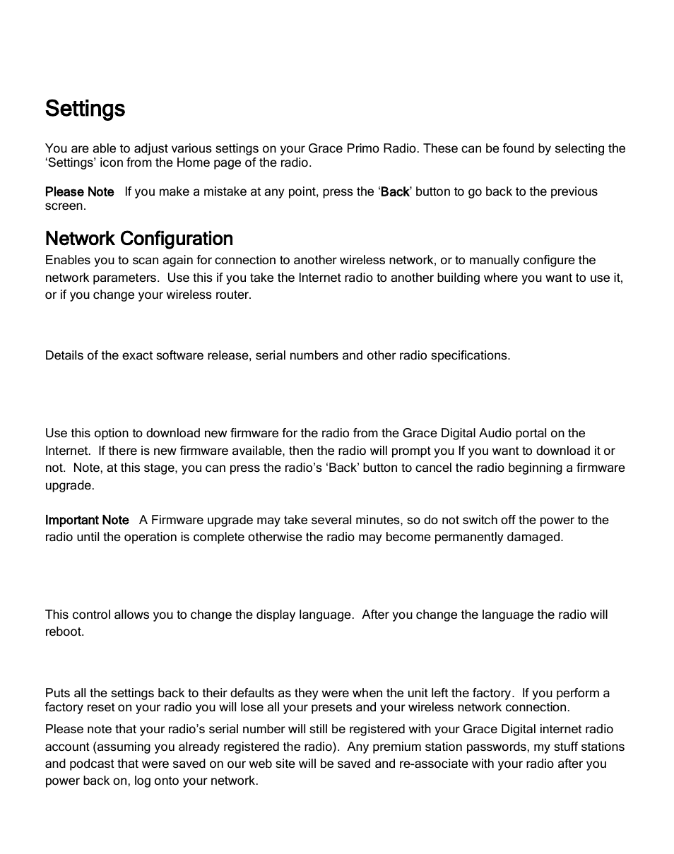 Settings, Network configuration, Properties | Network firmware upgrade, Language, Factory reset | ECOXGEAR IRCA700: Primo User Manual | Page 39 / 51