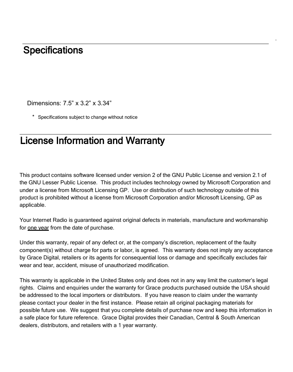 Specifications, License information and warranty | ECOXGEAR IRCA700: Primo User Manual | Page 49 / 51