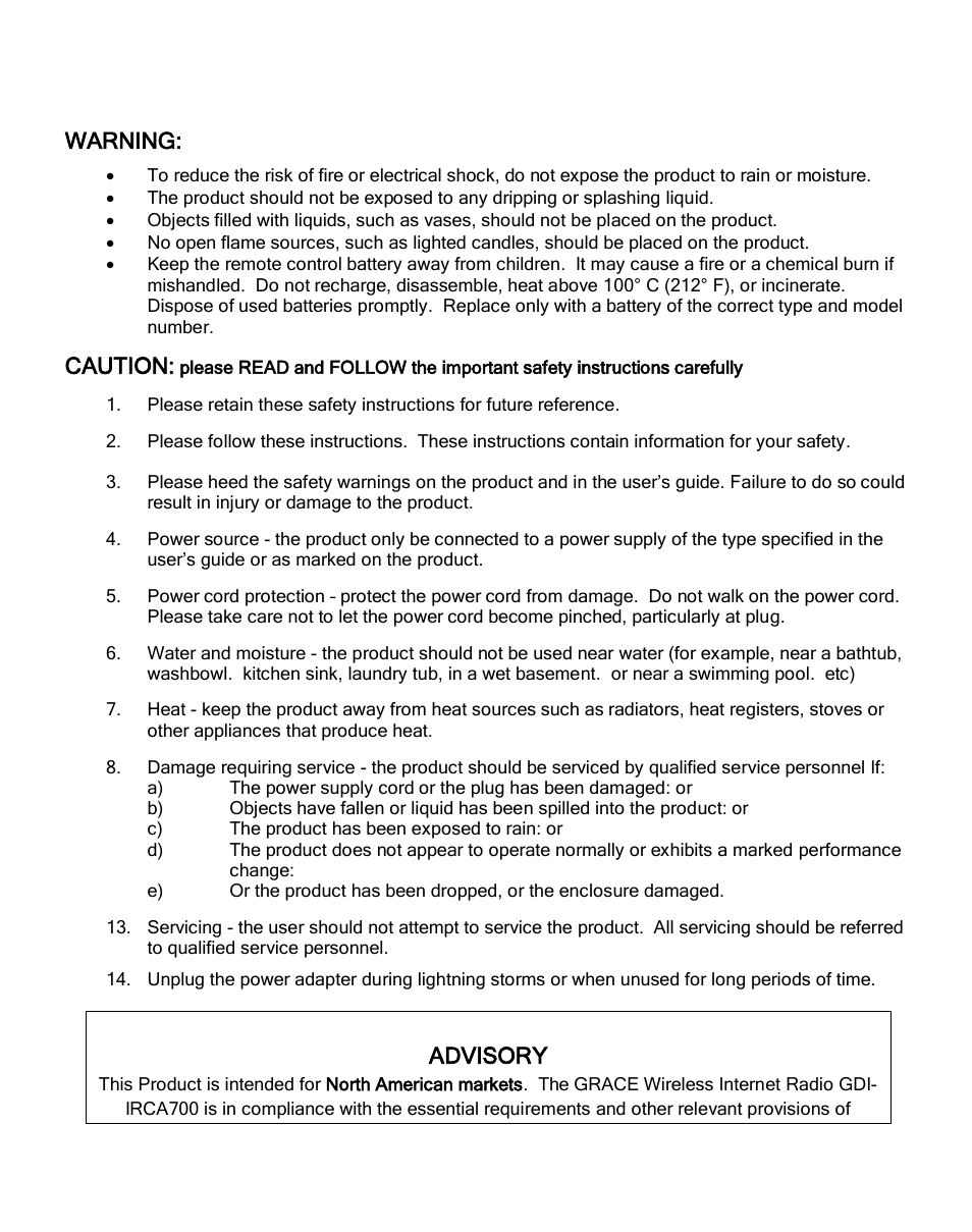 Warning, Caution, Advisory | ECOXGEAR IRCA700: Primo User Manual | Page 5 / 51