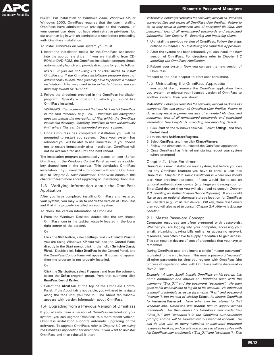 Biometric password managers, M.12 | APC BIOM34-EC User Manual | Page 10 / 18