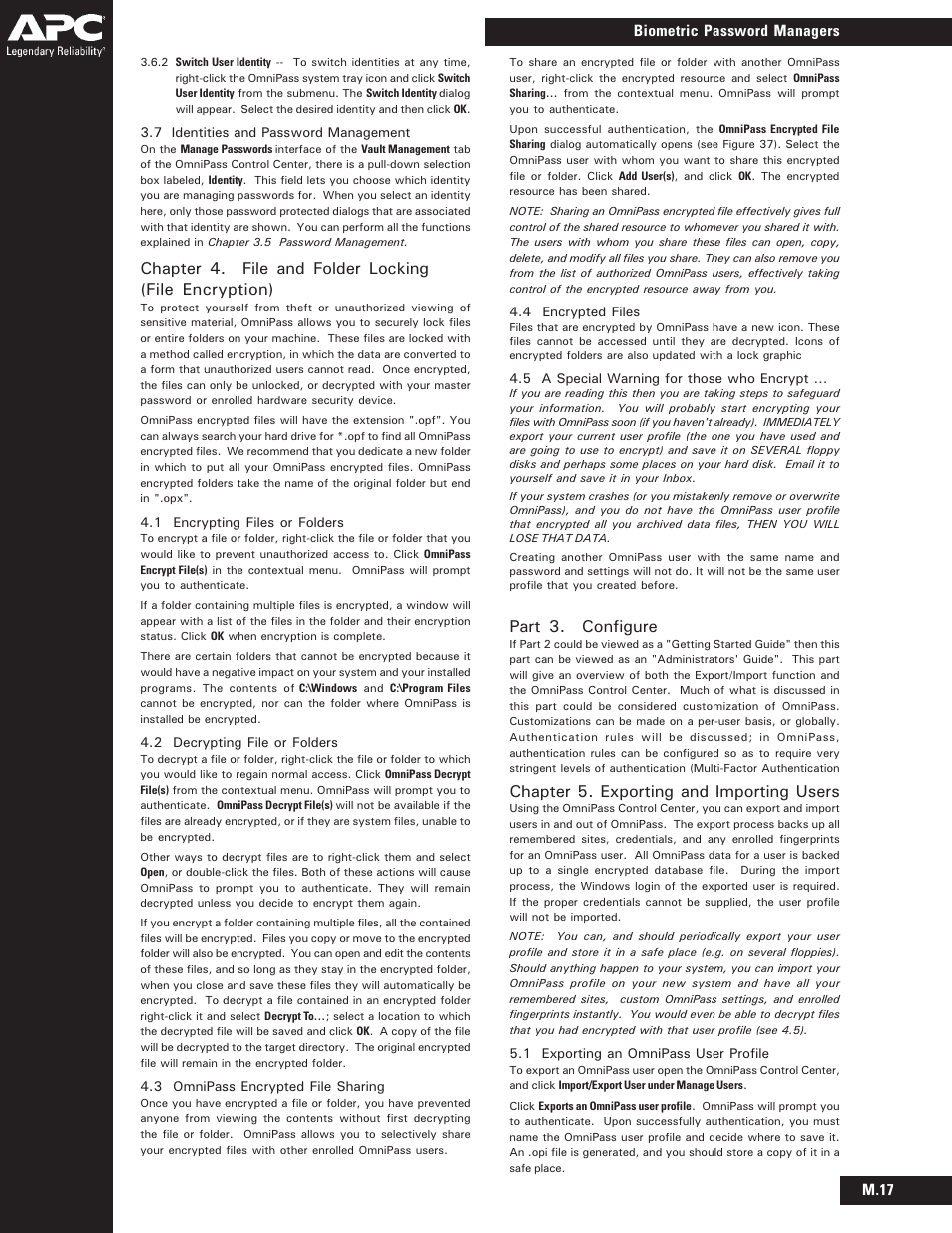 Part 3. configure, Chapter 5. exporting and importing users, M.17 biometric password managers | APC BIOM34-EC User Manual | Page 15 / 18