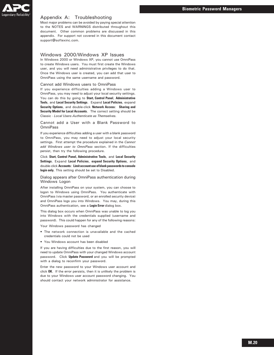 Appendix a: troubleshooting, Windows 2000/windows xp issues, M.20 biometric password managers | APC BIOM34-EC User Manual | Page 18 / 18