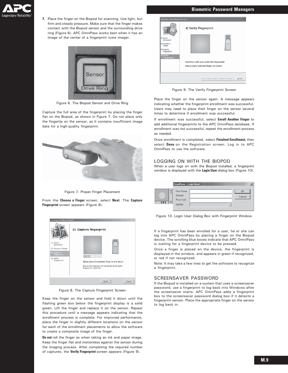 Biometric password managers m.9, Screensaver password, Logging on with the biopod | APC BIOM34-EC User Manual | Page 7 / 18