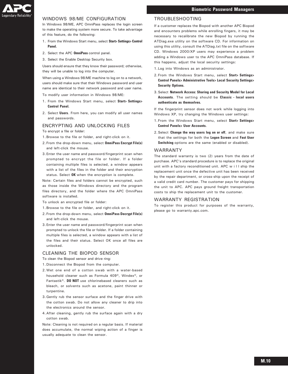 Encrypting and unlocking files, Cleaning the biopod sensor, Troubleshooting | Warranty, Warranty registration | APC BIOM34-EC User Manual | Page 8 / 18